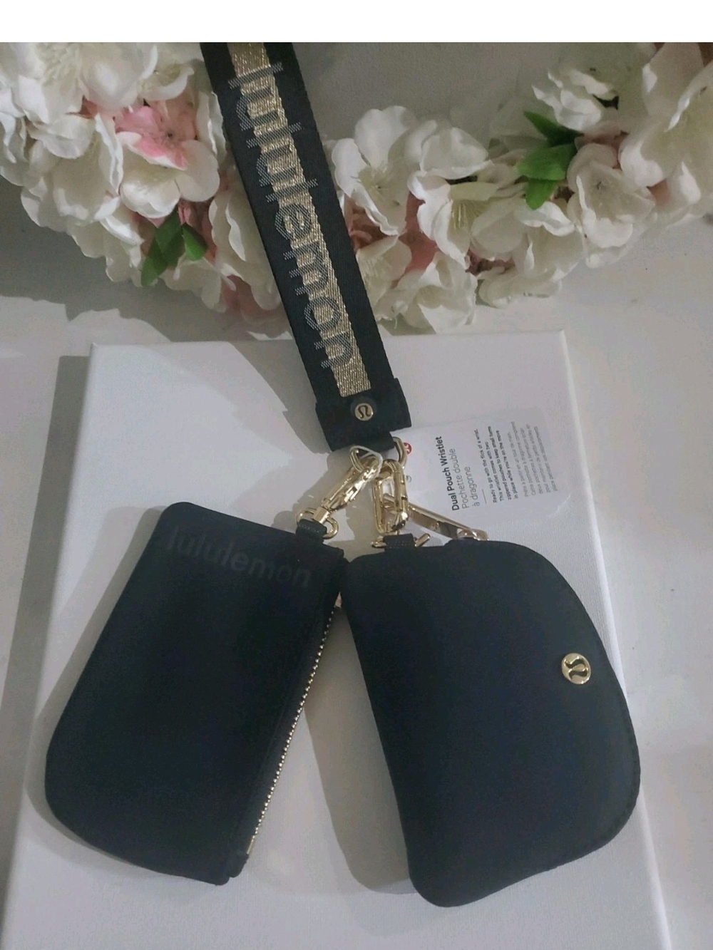 NWT lululemon athletica Black Double Pouch Wristlet with Gold Hardware